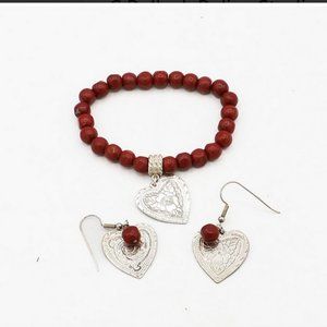 CAROLYN POLLACK RELIOS STERLING SILVER HEART JASPER BEAD BRACELET/EARRING SET